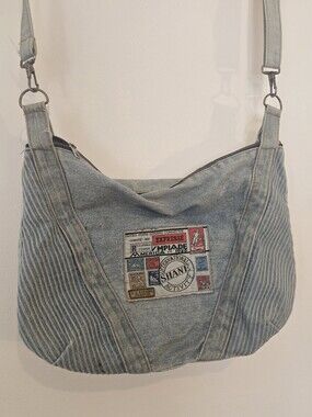 Vintage 90s SHANE Denim Patchwork Crossbody Bag Olympic Patch Retro